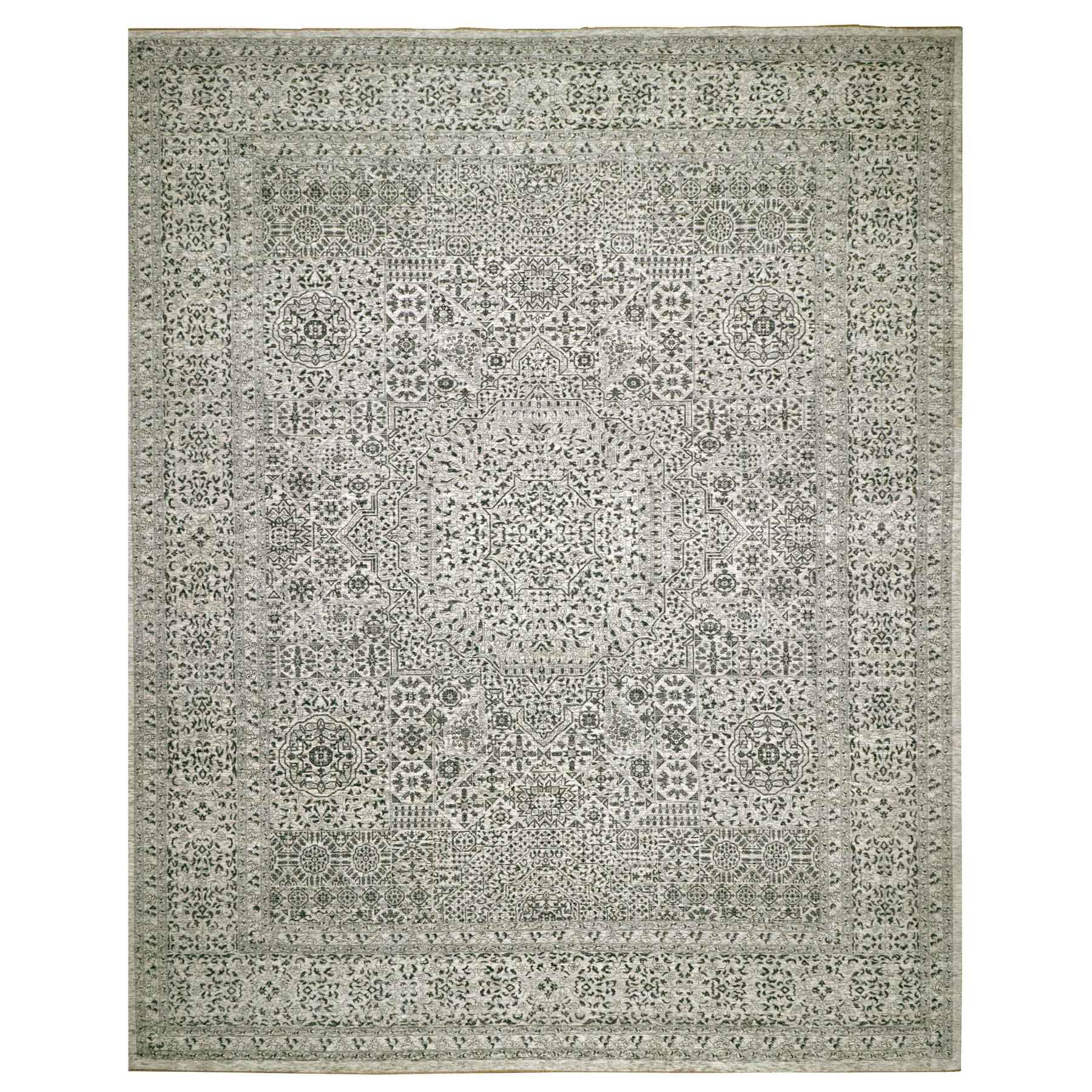 14'1"x17'9" Chantilly Lace White, Tone on Tone Design, Hand Knotted Mamluk Dynasty Luxurious Wool, Oversized Undyed Oriental Rug 